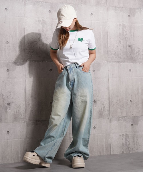 1111clothing（ワンフォークロージング）の「ハート刺繍 リンガーネックTシャツ / Heart Embroidery Ringer Neck T-Shirt（Tシャツ/カットソー・レディース・ホワイト×ブラック/ブラック×ホワイト/ホワイト×グリーン・L/M/S）」の5枚目の写真