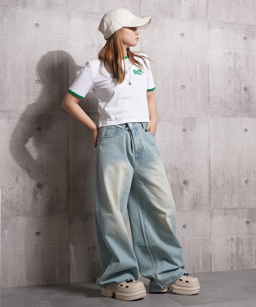 1111clothing（ワンフォークロージング）の「ハート刺繍 リンガーネックTシャツ / Heart Embroidery Ringer Neck T-Shirt（Tシャツ/カットソー・レディース・ホワイト×ブラック/ブラック×ホワイト/ホワイト×グリーン・L/M/S）」の6枚目の写真
