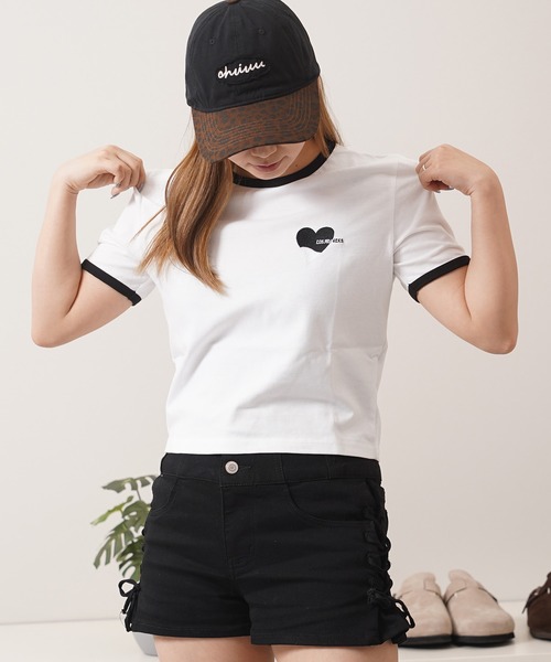 1111clothing（ワンフォークロージング）の「ハート刺繍 リンガーネックTシャツ / Heart Embroidery Ringer Neck T-Shirt（Tシャツ/カットソー・レディース・ホワイト×ブラック/ブラック×ホワイト/ホワイト×グリーン・L/M/S）」の12枚目の写真