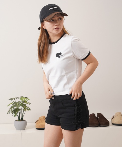 1111clothing（ワンフォークロージング）の「ハート刺繍 リンガーネックTシャツ / Heart Embroidery Ringer Neck T-Shirt（Tシャツ/カットソー・レディース・ホワイト×ブラック/ブラック×ホワイト/ホワイト×グリーン・L/M/S）」の16枚目の写真