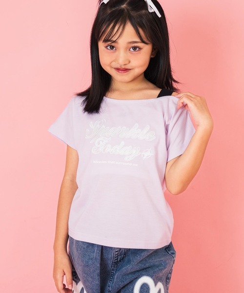 ANNARITA N 売れ筋商品|||アナリタエヌ Tシャツ トップス レディース Tops Pink セール】アシンメトリー 肩アキ オーロラ ワッペン Tシャツ