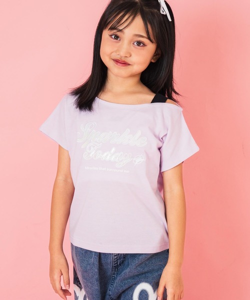 WDW アナ　寝起きTシャツ セール】アシンメトリー 肩アキ オーロラ ワッペン Tシャツ