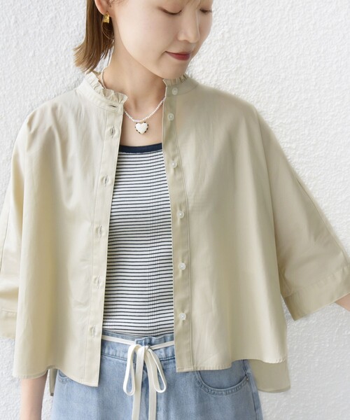 【シップス　ウィメン】【WEB限定】〈手洗い可能〉ブロード ストライプ / 無地 切替 パッチワーク シャツ SHIPS｜【WEB限定】<手洗い可能>ブロード ストライプ / 無地