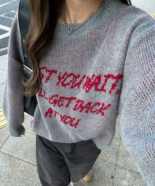 GeeRA（ジーラ）の「配色ロゴジャガードオーバーサイズニット（ニット/セーター・レディース・ネイビー/オフホワイト/グレー・MEDIUM/LARGE/X-LARGE）」の3枚目の写真