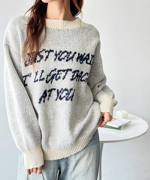 GeeRA（ジーラ）の「配色ロゴジャガードオーバーサイズニット（ニット/セーター・レディース・ネイビー/オフホワイト/グレー・MEDIUM/LARGE/X-LARGE）」の5枚目の写真