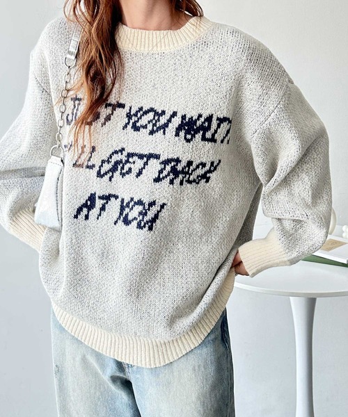 GeeRA（ジーラ）の「配色ロゴジャガードオーバーサイズニット（ニット/セーター・レディース・ネイビー/オフホワイト/グレー・MEDIUM/LARGE/X-LARGE）」の6枚目の写真