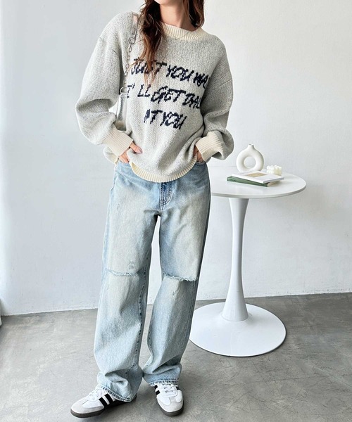 GeeRA（ジーラ）の「配色ロゴジャガードオーバーサイズニット（ニット/セーター・レディース・ネイビー/オフホワイト/グレー・MEDIUM/LARGE/X-LARGE）」の8枚目の写真