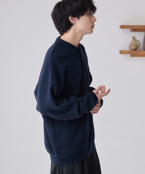 PENNEYS(ぺニーズ)の「PENNEYS/ペニーズ 別注 THE FOX ロゴ ワンポイント刺繍 スウェットライクジャガーニットポロシャツ(ニット/セーター・メンズ・ダークネイビー/ライトグレー/オフホワイト/ブラック・S/M/L)」の11枚目の写真