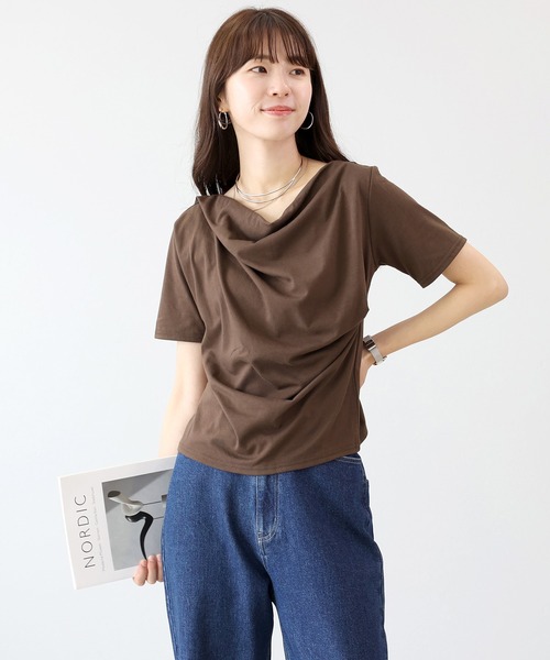 Aletta vita（アレッタビータ）の「T/C天竺ドレープネック半袖プルオーバー（Tシャツ/カットソー・レディース・ブラック/オフホワイト/ブラウン・M）」の18枚目の写真