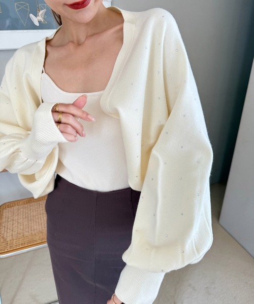ROYAL PARTY（ロイヤルパーティー）の「プチビジューニットボレロ（カーディガン/ボレロ・レディース・オフホワイト/ブラック・FREE）」の2枚目の写真