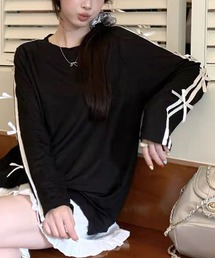 Tシャツ 袖ラインリボン オーバーサイズ ロングTシャツ