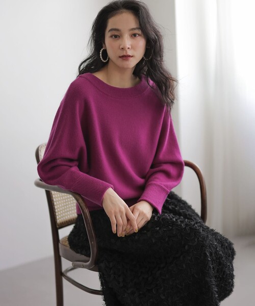 美品 ドゥーズィエムクラス 圧縮ウールカシミヤミックス ニット ボートネック 紺 カシミヤミックスクルーネックニット