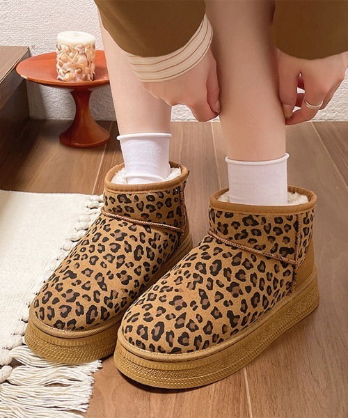 セール】厚底ムートンブーツ レオパード柄 裏起毛（ブーツ