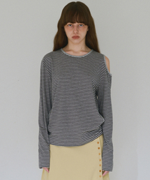 MILLO WOMEN（ミロウーマン）の「カットアウトストライプTシャツ[メランジグレー]（Tシャツ/カットソー）」