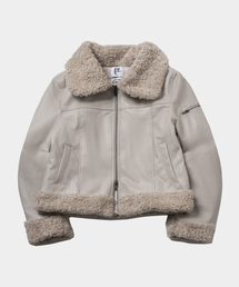 PLACE STUDIO（プレイススタジオ）の「Women's Shearling Fur Collar Incision Leather Short Mustang Zip-Up Jacket [Cream]（ライダースジャケット）」