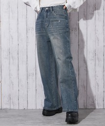 《ラメ飛ばしデニム》レディース ストレートパンツ ノンストレッチ クール見え 秋冬