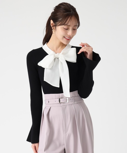 31 Sons de mode（トランテアン　ソン　ドゥ　モード）の「2025秋冬新作 シアーボウタイリブニット（ニット/セーター・レディース・オフホワイト/レッド/ブラック・ﾌﾘ-）」の6枚目の写真