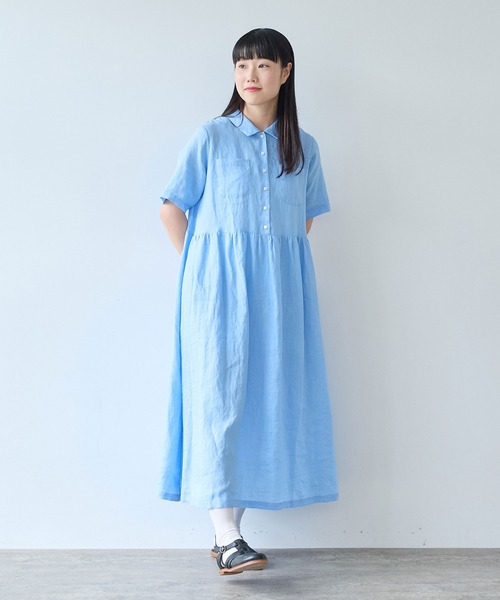 bulle de savon(ビュルデサボン)の「60sフレンチリネン シャツワンピース(ワンピース・レディース・チャコールグレー/サックスブルー/ピンク・FREE)」の2枚目の写真