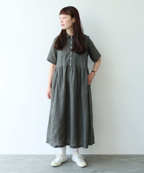 bulle de savon(ビュルデサボン)の「60sフレンチリネン シャツワンピース(ワンピース・レディース・チャコールグレー/サックスブルー/ピンク・FREE)」の1枚目の写真