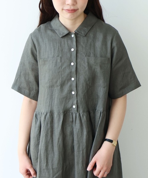 bulle de savon(ビュルデサボン)の「60sフレンチリネン シャツワンピース(ワンピース・レディース・チャコールグレー/サックスブルー/ピンク・FREE)」の16枚目の写真