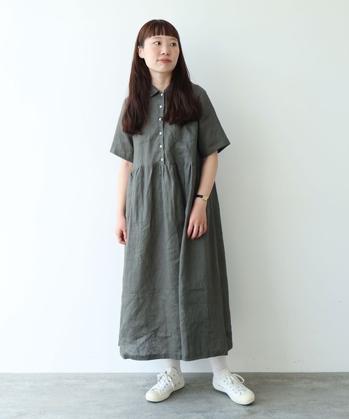 bulle de savon(ビュルデサボン)の「60sフレンチリネン シャツワンピース(ワンピース・レディース・チャコールグレー/サックスブルー/ピンク・FREE)」の11枚目の写真