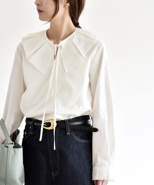 quaranciel(カランシエル)の「quaranciel:〈洗濯機可能〉タックカラー 2way キーネック シャツ ブラウス(シャツ/ブラウス・レディース・ライトブルー/ホワイト・ONE SIZE)」の11枚目の写真