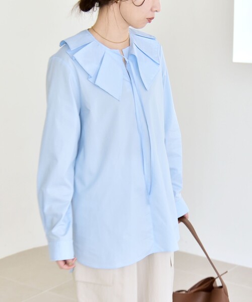 quaranciel(カランシエル)の「quaranciel:〈洗濯機可能〉タックカラー 2way キーネック シャツ ブラウス(シャツ/ブラウス・レディース・ライトブルー/ホワイト・ONE SIZE)」の19枚目の写真