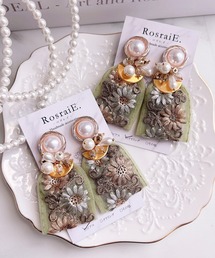 【RosraiE】レトロパール グリーンインド刺繍リボン ピアス(MA)