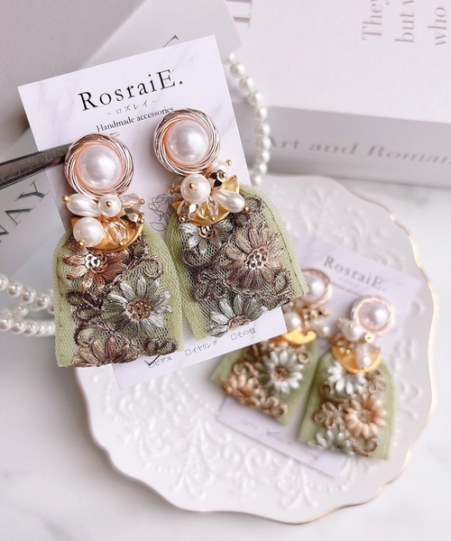 tone(トーン)の「【RosraiE】レトロパール グリーンインド刺繍リボン ピアス(MA)(ピアス(両耳用)・レディース・グリーン・FREE)」の4枚目の写真
