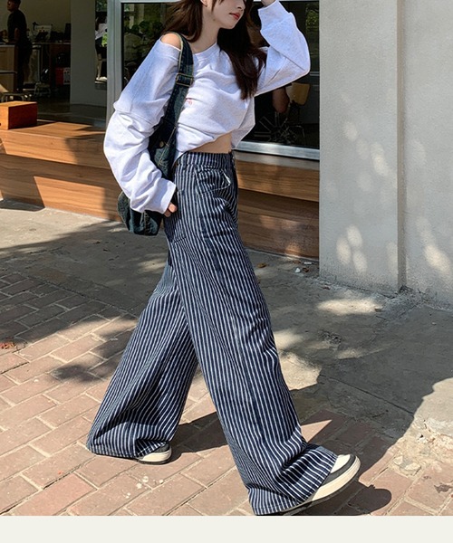 NANEA(ナネア)の「ストライプワイドデニムパンツ(デニムパンツ・レディース・ブルー・LARGE/SMALL/MEDIUM)」の5枚目の写真