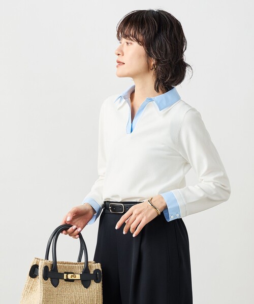 NOLLEY’S Sophi（ノーリーズソフィ）の「《手洗い可能》シャツレイヤード風スキッパーポロニット（ニット/セーター・レディース・ダークネイビー/ホワイト・38）」の2枚目の写真