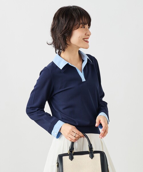 NOLLEY’S Sophi（ノーリーズソフィ）の「《手洗い可能》シャツレイヤード風スキッパーポロニット（ニット/セーター・レディース・ダークネイビー/ホワイト・38）」の6枚目の写真