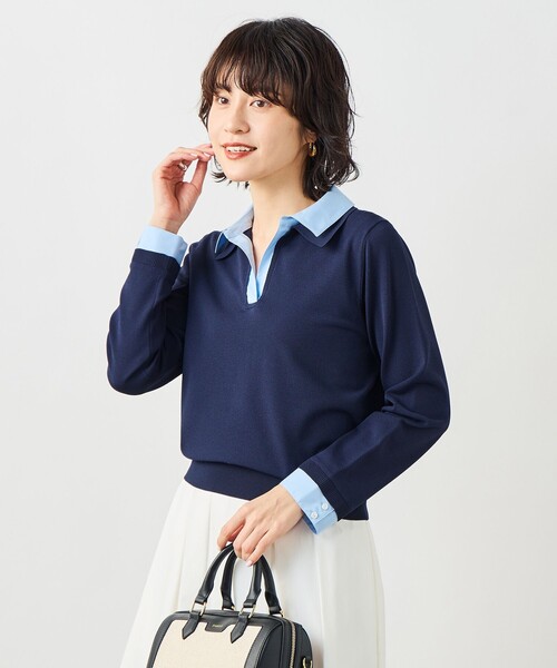 NOLLEY’S Sophi（ノーリーズソフィ）の「《手洗い可能》シャツレイヤード風スキッパーポロニット（ニット/セーター・レディース・ダークネイビー/ホワイト・38）」の7枚目の写真