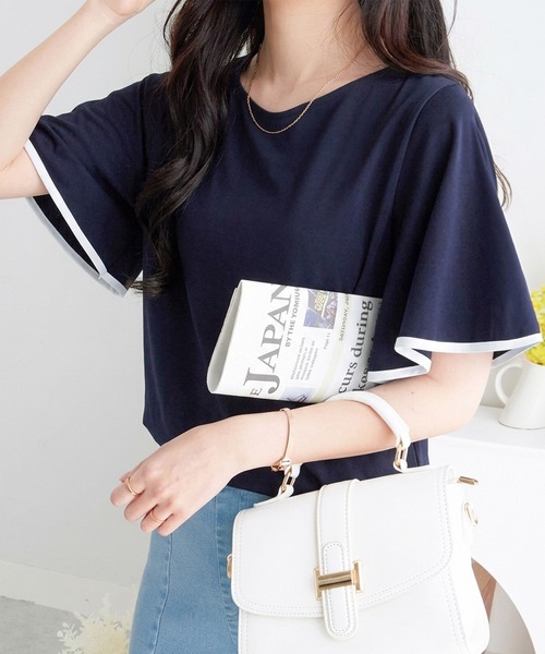 alotta(アロッタ)の「さらっと×ひんやり!配色デザインフレア袖トップス(Tシャツ/カットソー・レディース・ホワイト/コーラルピンク/ネイビー/イエロー・M/L/LL)」の1枚目の写真