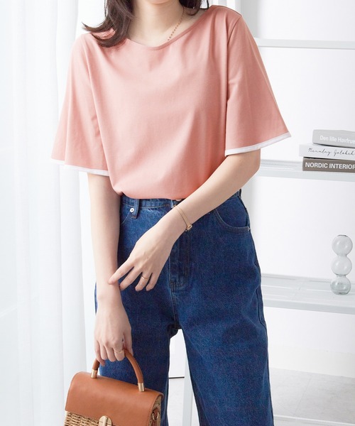 alotta(アロッタ)の「さらっと×ひんやり!配色デザインフレア袖トップス(Tシャツ/カットソー・レディース・ホワイト/コーラルピンク/ネイビー/イエロー・M/L/LL)」の4枚目の写真