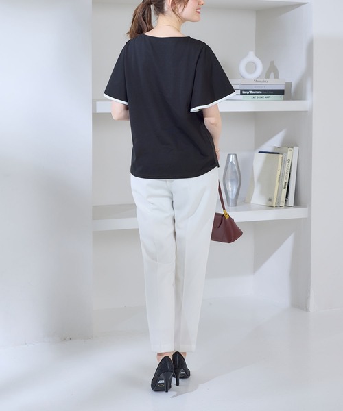 alotta(アロッタ)の「さらっと×ひんやり!配色デザインフレア袖トップス(Tシャツ/カットソー・レディース・ホワイト/コーラルピンク/ネイビー/イエロー・M/L/LL)」の14枚目の写真
