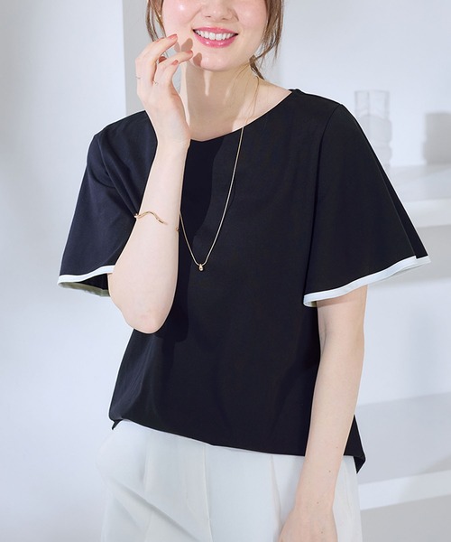 alotta(アロッタ)の「さらっと×ひんやり!配色デザインフレア袖トップス(Tシャツ/カットソー・レディース・ホワイト/コーラルピンク/ネイビー/イエロー・M/L/LL)」の13枚目の写真
