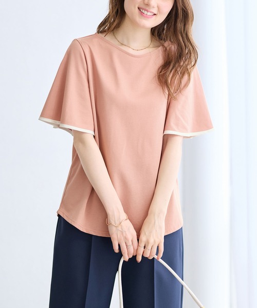 alotta(アロッタ)の「さらっと×ひんやり!配色デザインフレア袖トップス(Tシャツ/カットソー・レディース・ホワイト/コーラルピンク/ネイビー/イエロー・M/L/LL)」の17枚目の写真
