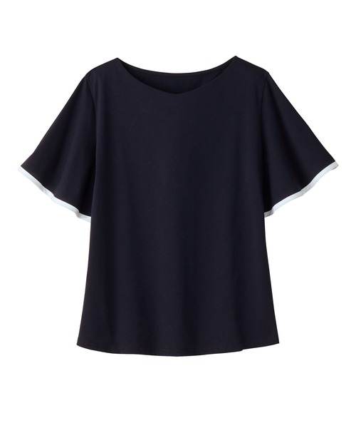 alotta(アロッタ)の「さらっと×ひんやり!配色デザインフレア袖トップス(Tシャツ/カットソー・レディース・ホワイト/コーラルピンク/ネイビー/イエロー・M/L/LL)」の6枚目の写真
