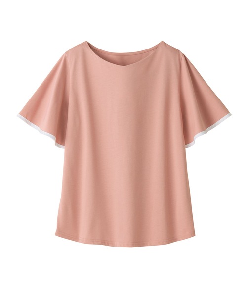 alotta(アロッタ)の「さらっと×ひんやり!配色デザインフレア袖トップス(Tシャツ/カットソー・レディース・ホワイト/コーラルピンク/ネイビー/イエロー・M/L/LL)」の7枚目の写真