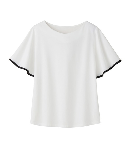 alotta(アロッタ)の「さらっと×ひんやり!配色デザインフレア袖トップス(Tシャツ/カットソー・レディース・ホワイト/コーラルピンク/ネイビー/イエロー・M/L/LL)」の8枚目の写真