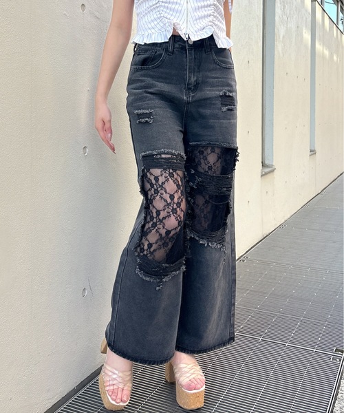 one way（ワンウェイ）の「レースダメージデニム（デニムパンツ・レディース・ブラック/ブルー・MEDIUM/LARGE）」の2枚目の写真