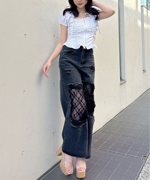 one way（ワンウェイ）の「レースダメージデニム（デニムパンツ・レディース・ブラック/ブルー・MEDIUM/LARGE）」の8枚目の写真