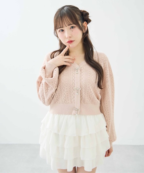 INGNI（イング）の「パターンメッシュリボンボタンニットカーディガン（カーディガン/ボレロ・レディース・ネイビー/イエロー/オフホワイト/レッド/ピンク・M）」の4枚目の写真