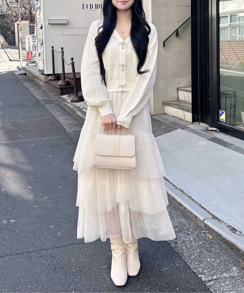 INGNI（イング）の「パターンメッシュリボンボタンニットカーディガン（カーディガン/ボレロ・レディース・ネイビー/イエロー/オフホワイト/レッド/ピンク・M）」の7枚目の写真