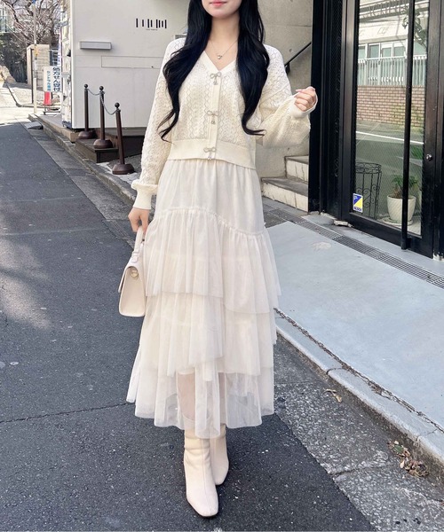 INGNI（イング）の「パターンメッシュリボンボタンニットカーディガン（カーディガン/ボレロ・レディース・ネイビー/イエロー/オフホワイト/レッド/ピンク・M）」の8枚目の写真