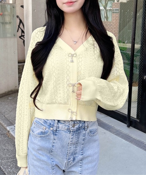 INGNI（イング）の「パターンメッシュリボンボタンニットカーディガン（カーディガン/ボレロ・レディース・ネイビー/イエロー/オフホワイト/レッド/ピンク・M）」の17枚目の写真