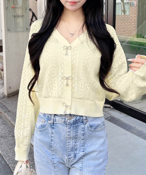 INGNI（イング）の「パターンメッシュリボンボタンニットカーディガン（カーディガン/ボレロ・レディース・ネイビー/イエロー/オフホワイト/レッド/ピンク・M）」の18枚目の写真