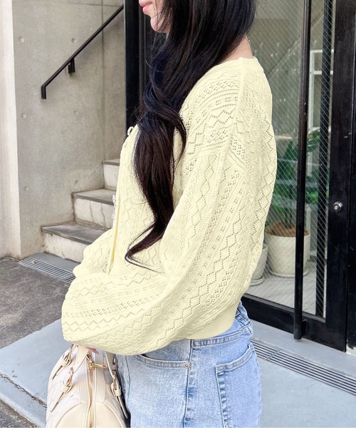 INGNI（イング）の「パターンメッシュリボンボタンニットカーディガン（カーディガン/ボレロ・レディース・ネイビー/イエロー/オフホワイト/レッド/ピンク・M）」の19枚目の写真