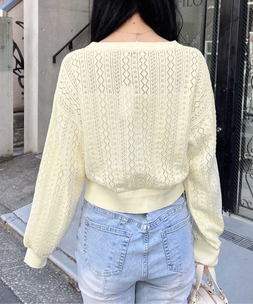 INGNI（イング）の「パターンメッシュリボンボタンニットカーディガン（カーディガン/ボレロ・レディース・ネイビー/イエロー/オフホワイト/レッド/ピンク・M）」の20枚目の写真